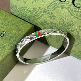 Gucci Web Stripe GG Engraved Crystal Detail Cuff Bracelet